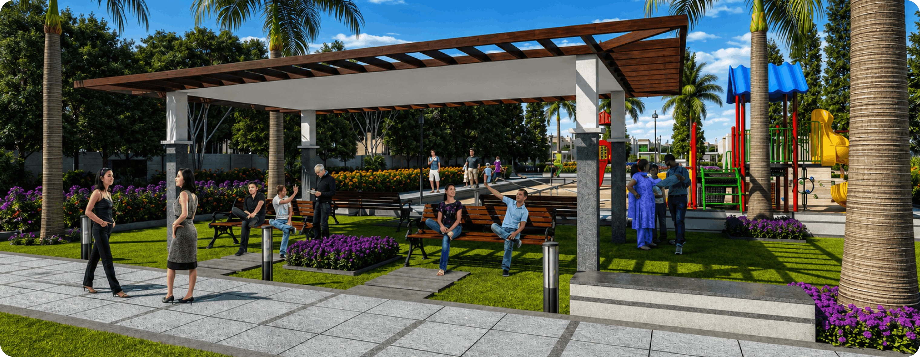 Landscaped seating area at Mahidhara Fortune City residential township